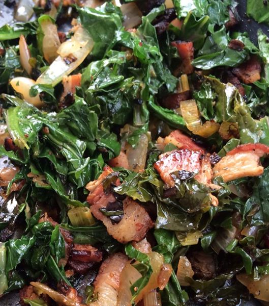 Braised Local Kale with Sorghum Bacon